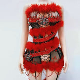 Hollow out fluffy lace beaded cut out mini dress