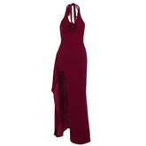 Slit halter self tie flower applique zip-up maxi dress