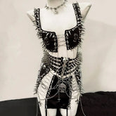 PU leather metal chain skull applique belt top