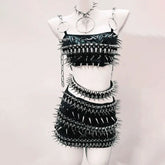 O ring rivet PU leather metal chain belt top