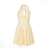 Halter v neck plaid backless mini dress