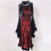 Ruched long sleeve flower applique beaded maxi dress