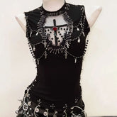 Crewneck beaded flower applique sleeveless top