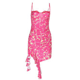 Irregular ruched lace hem print slit cami mini dress