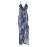 Leopard print hollow out irregular slit cami cut out maxi dress