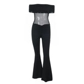 Off shoulder ruched mesh solid jumpsuit
