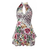 Leopard print hollow out halter self tie cut out mini dress