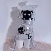 Halter metallic skull pattern ruched mini skirt set