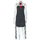 Halter padded ruched flower applique ruffle mini dress