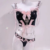 Bowknot ribbon lace up v neck cami pant set