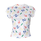 Crewneck cap sleeve print stitch ruched top