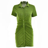 Turnover collar short sleeve ruched button mini dress