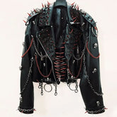 Long sleeve zip-up PU leather metal chain o ring top