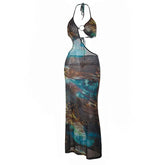 O ring hollow out halter self tie print cut out maxi dress