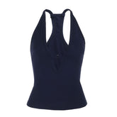 Hollow out v neck solid tank cut out top