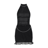 Beaded self tie halter ruffle mini skirt set