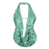 Glitter halter hollow out backless cut out top
