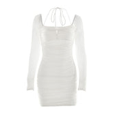 Long sleeve ruched mesh halter self tie mini dress