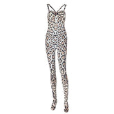 Leopard print hollow out backless cami jumpsuit