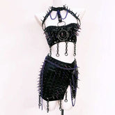 Slit o ring rivet applique PU leather mini skirt set