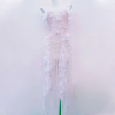 Halter beaded flower applique ruched midi dress