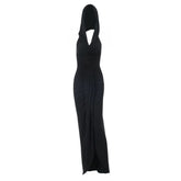 Hoodie ruched slit cowl neck solid maxi dress