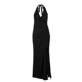 V neck halter self tie slit ruched maxi dress