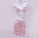 Halter bowknot 3 piece ruffle beaded ruched mini skirt set