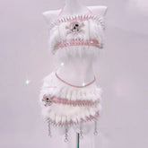 Fluffy skull applique metal chain o ring mini skirt set