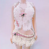 Fluffy rivet halter skull applique self tie mini skirt set