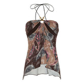 Self tie halter hollow out beaded print cut out top