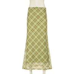 Bowknot plaid mesh contrast midi skirt