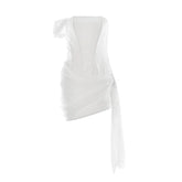 Ruched irregular satin backless tube mini dress