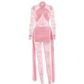 Long sleeve ruched lace patchwork jumpsuit