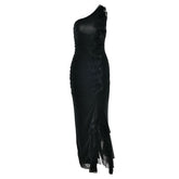 One shoulder ruffle slit mesh maxi dress