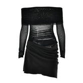 Off shoulder hollow out mesh patchwork cut out mini dress
