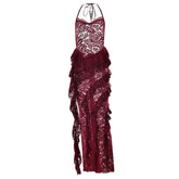 Halter lace ruffle backless maxi dress