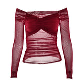 Long sleeve off shoulder mesh patchwork ruched mesh top