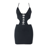 Cross back hollow out v neck cami cut out mini dress