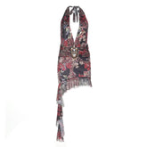 Irregular self tie halter deep v neck print mini dress