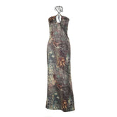 Cross front halter self tie print ruched maxi dress
