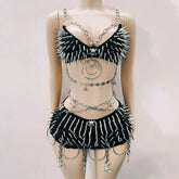 Metal chain rivet applique o ring cami mini skirt set