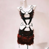 Rivet o ring hollow out fluffy cami mini skirt set