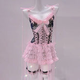 Bowknot lace hem ruffle v neck cami mini dress