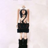 Halter hollow out beaded sweetheart applique mini skirt set