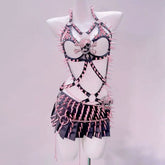 Hollow out rivet applique o ring pleated mini skirt set