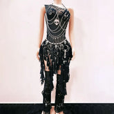 Metal chain ruffle irregular skull applique mini dress