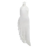 Ruffle irregular flower applique halter slit midi dress