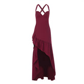 Cross back self tie v neck irregular zip-up midi dress