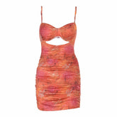 Ruched hollow out v neck print cami cut out mini dress
